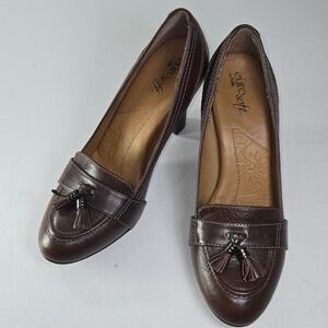 Eurosoft by Sofft Brown Leather Tassel Loafer Heels Women's 8.5M